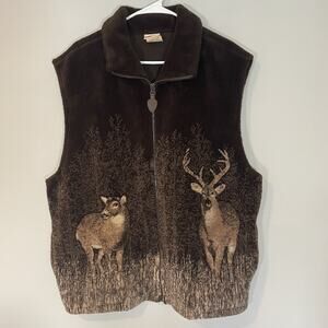 Milton Funwear Vintage Deer Deep Pile Fleece Vest Size L Brown Full Zip Hunting